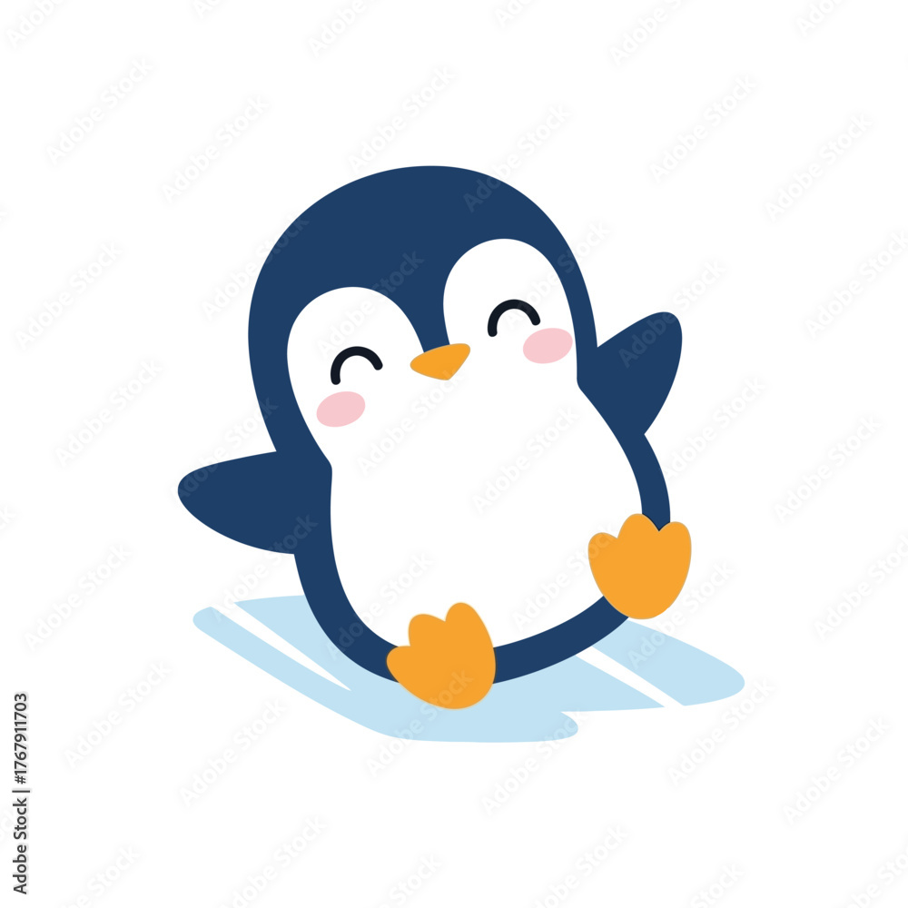 Naklejka premium Cute Happy Penguin Sliding on Ice Vector Illustration.