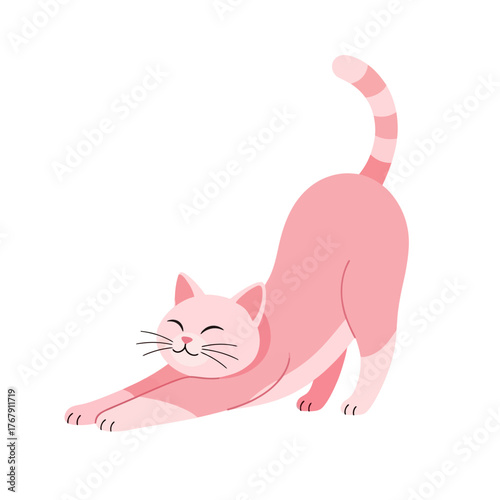 Cute Pink Cat Stretching Gracefully with Closed Eyes and Happy Expression.