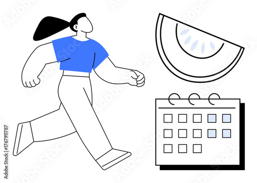 Woman jogging in casual wear, calendar suggesting planning, and fruit slice symbolizing nutrition. Ideal for health, fitness, planning, wellness, routine balance and self-care concepts. Clean flat