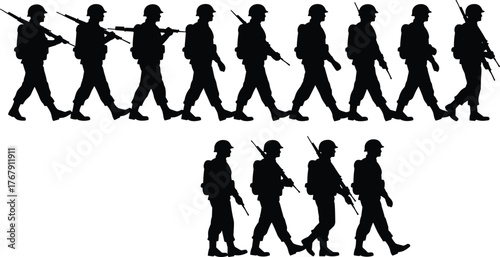 Soldier walking silhouette vector illustration, military personnel with rifles in motion sequence, helmeted figures for animation, combat or training design