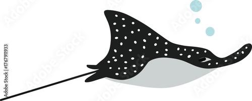 Spotted eagle ray vector illustration, underwater marine animal with white spots, long tail, pectoral fins and bubbles in ocean nature design