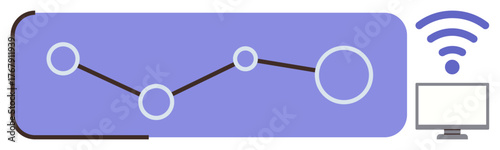 Graph with connected data points, desktop monitor, wireless signal. Ideal for analytics, technology, connectivity, data exchange, communication IoT innovation. Simple flat metaphor