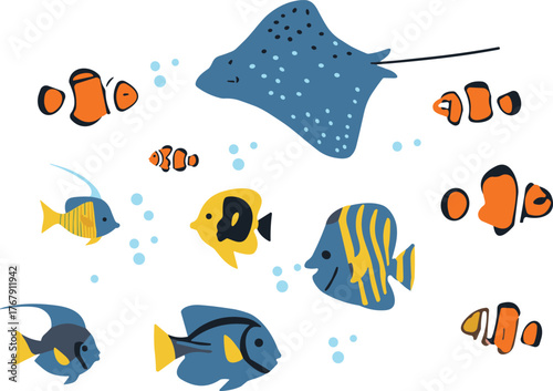 Tropical fish and stingray vector illustration, underwater marine life with clownfish, angelfish, bubbles and spotted ray in ocean nature design