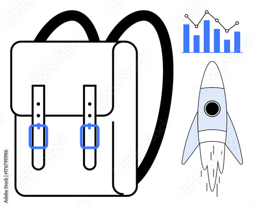 Backpack with buckles, blue rocket taking off, and bar chart with growth line. Ideal for education, exploration, startup development, innovation, analytics success progress. Simple flat metaphor