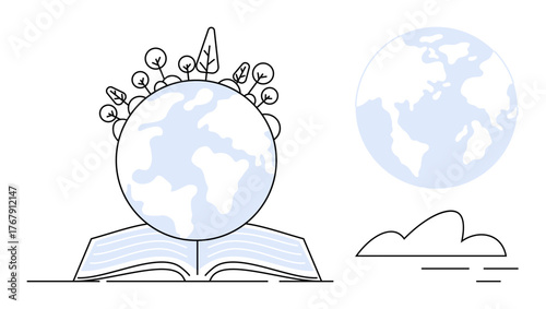 Planet Earth over an open book surrounded by trees and nature, symbolizing education and environmental conservation. Ideal for sustainability, global learning, ecology, nature care, knowledge
