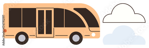 Yellow bus with sleek design beside two cloud visuals, one outlined and one filled. Ideal for transport, travel, environment, journey, urban mobility, eco-friendly solutions minimalistic concepts. A