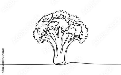 Minimalist one line art of a broccoli, representing healthy food, nutrition, and natural vegetable design on a white background.