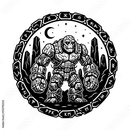 Mystical stone golem under moonlit sky, rune circle, mythology art for games, fantasy illustration, vector origin