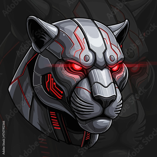 Cybernetic Panther Head with Glowing Red Eyes and Futuristic Design.