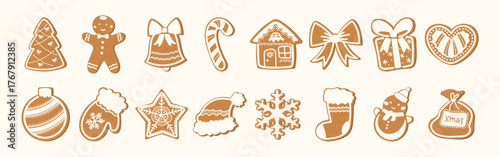 Vector Christmas gingerbread set with cookies shaped as tree, bell, star, mitten, snowflake, gift, and stocking. Perfect for festive cards, packaging, stickers, and winter decoration