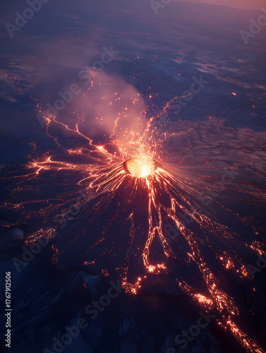 Aerial view from above looking down at the top of the erupting lava vent