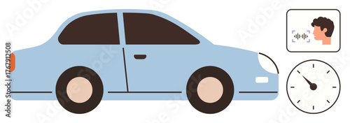 Light blue car, voice command icon, clock signifying innovative transportation, efficiency, voice control interface, schedule management, smart technology, modern navigation. Ideal for transport