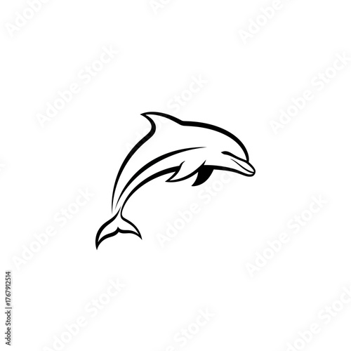 Graceful Dolphin Leaping in Simple Black and White Outline.