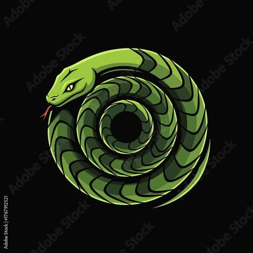 Green Snake Coiled in a Circular Pattern on a Black Background.