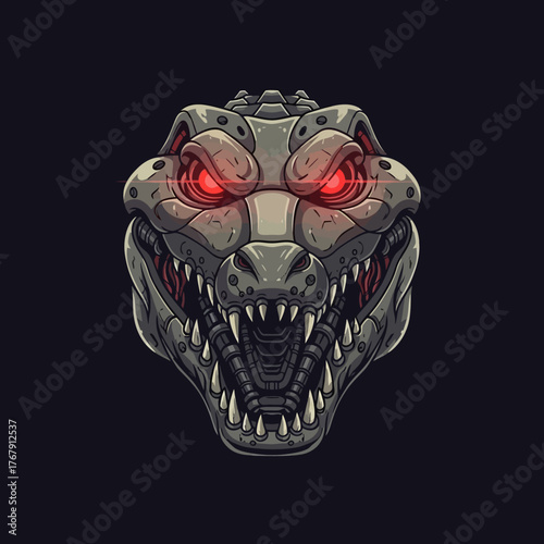Intense Cybernetic Alligator Head with Glowing Red Eyes on Dark Background.