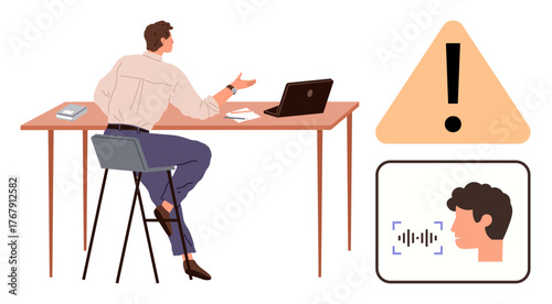 Man sitting at desk gesturing near laptop, warning sign, and facial voice recognition panel. Ideal for communication, technology, AI, workplace alert systems, cybersecurity, digital security simple