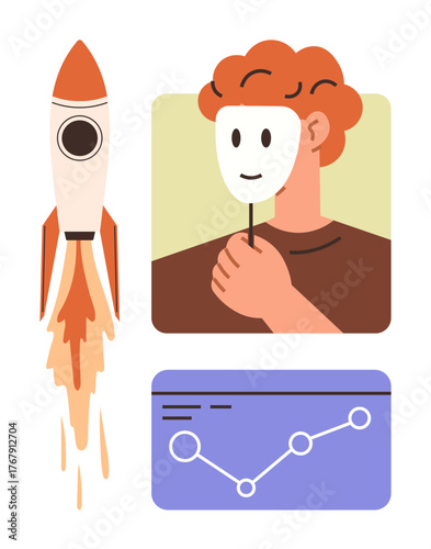 Rocket launching, person with mask, growth chart symbolize authenticity, success, and strategy. Ideal for career, self-awareness, innovation, startup growth technology analysis simple flat