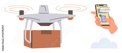 quadcopter in flight carrying a package and a hand holding a smartphone displaying a notification, showcasing delivery and remote control tech. Ideal for logistics, e-commerce, automation