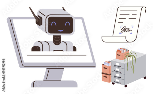Smiling robot on monitor, signed document, office cabinet with folders and plants. Ideal for automation, AI, digital tools, paperless work, smart organization, workflow optimization simple flat