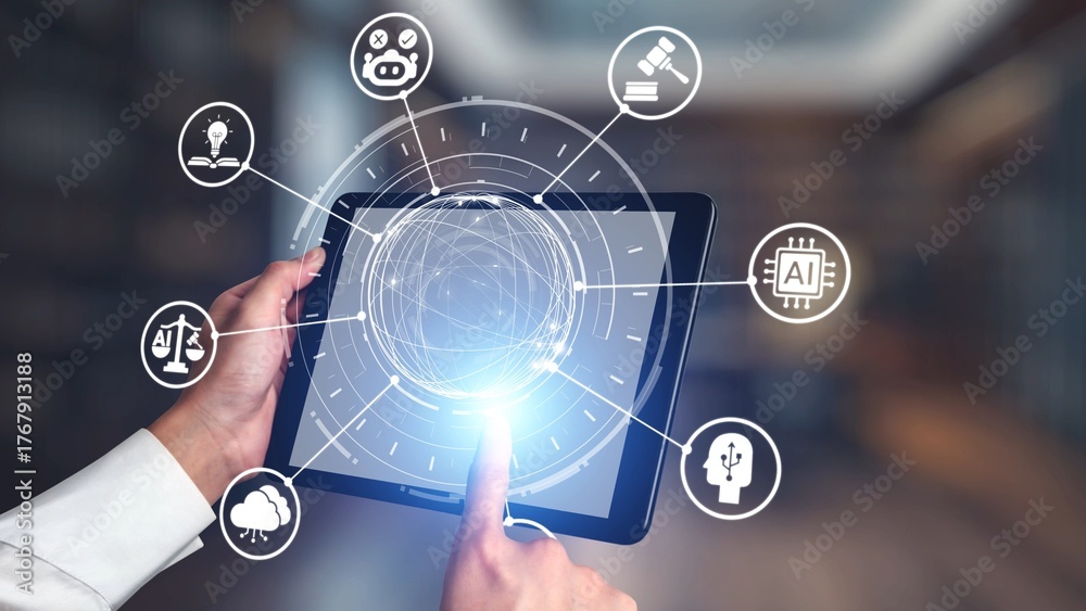 Obraz premium AI is transforming society, raising important ethics questions. Ethics in AI design ensures fairness. AI ethics promote responsible decisions. Balancing AI power with strong ethics is essential. Spire