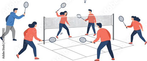 Badminton vector illustration, six players on court with rackets and shuttlecocks, active sports scene, teamwork and fitness concept design