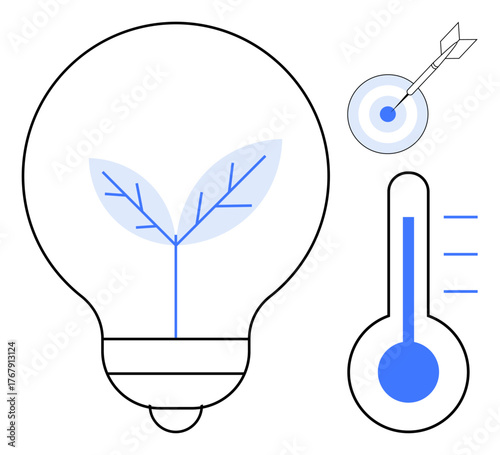 Lightbulb with plant sprouting inside, thermometer showing levels, and bullseye with arrow. Ideal for growth, innovation, sustainability, goals, productivity environmental ideas progress. Simple