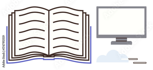 Open book beside a computer monitor with a minimalist cloud. Ideal for education, online learning, research, digital tools, knowledge transfer, e-learning, innovation. Simple flat metaphor