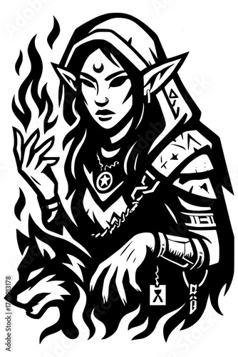Mystical elf sorceress conjuring fire with wolf companion for fantasy book covers and game assets design