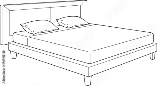 Modern bed line drawing vector illustration, padded headboard with pillows and mattress, minimalist furniture layout, interior design and decor concept