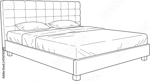 Modern bed vector illustration, line drawing with tall upholstered headboard, pillows and blanket, minimalist furniture and interior design concept