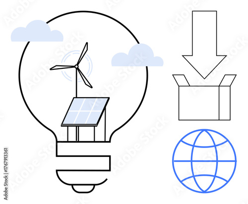 Lightbulb with wind turbine and solar panel, cloud accents, arrow pointing to a box, and globe outline. Ideal for sustainability, innovation, renewable energy, environment, technology efficiency