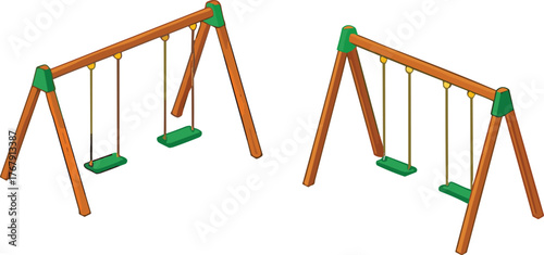 Swing set vector illustration, two wooden frames with green seats and yellow ropes, outdoor playground equipment for children’s recreation and park design