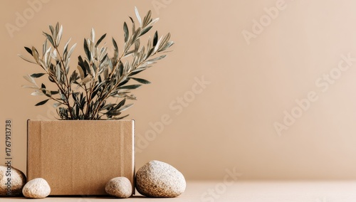 Minimalist composition of a plant in a cardboard box with stones.
