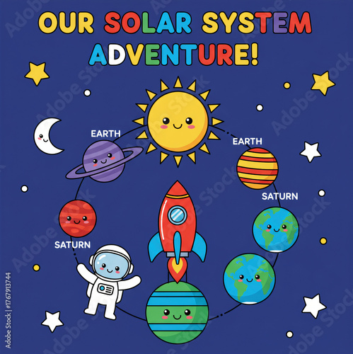 Cute Cartoon Solar System Adventure Educational Poster with Kawaii Planets, Sun, Astronaut, Rocket Ship, and Stars on a Blue Background