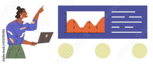 Woman in blue shirt with laptop pointing toward board displaying graph and text analysis. Ideal for business, analytics, presentations, teamwork, education, planning, leadership. Simple flat metaphor