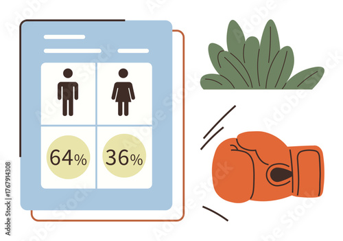 Data report highlighting percentage statistics for male and female figures, adjacent to a red boxing glove and green abstract leaves. Ideal for statistics, reporting, analysis, competition, debate