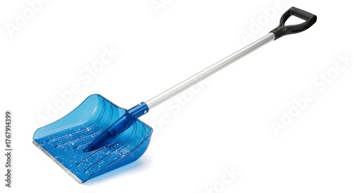 Blue Plastic Snow Shovel with D-Grip Handle Isolated on White Background for Winter Snow Removal