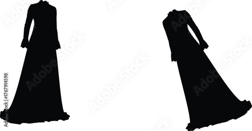 -The image features two long dresses presented in silhouette against a clean white background,