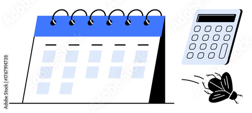 Desk spiral calendar, electronic calculator, flying bug conceptually represent planning, calculations, deadlines, creativity, problem-solving, daily management work-life balance. Ideal for simple