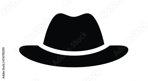 Simple black silhouette of a classic fedora hat on a white background