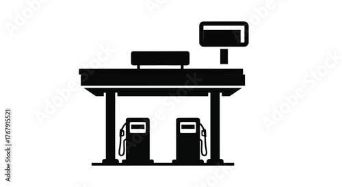 Simple black and white illustration of a gas station with two pumps