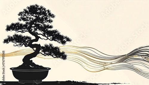 Wallpaper Mural Elegant Silhouette of Bonsai with Artistic Gold Waves Torontodigital.ca