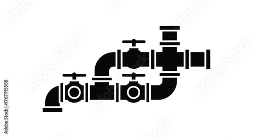 Black and white illustration of industrial pipe fittings and valves shown