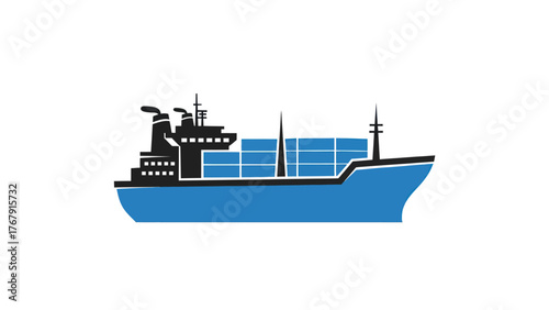 A flat illustration depicts a cargo ship against a white background with black and blue colors