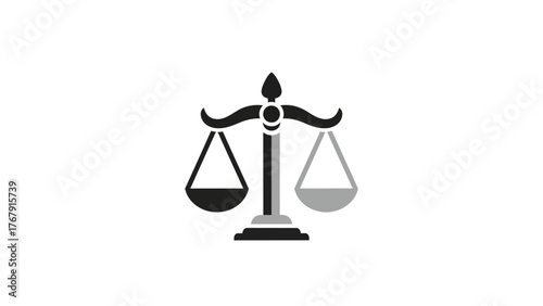 A stylized graphic of scales, one bucket filled in black, the other gray, on a white background