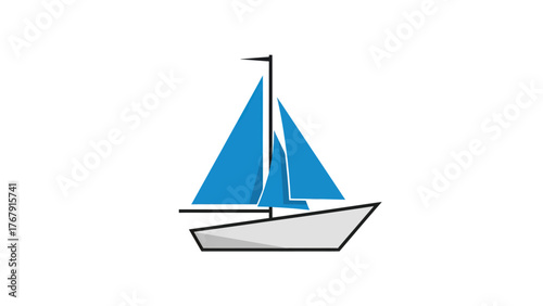 Simple illustration featuring a sailboat with blue sails on white background