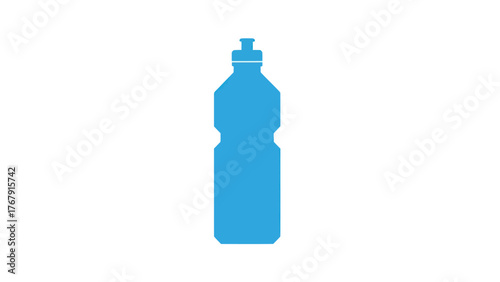 A simple, bright blue water bottle silhouetted against a plain white background. It's empty