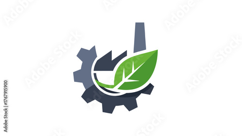 An emblem combining a gear, a factory outline, and a green leaf, symbolizing sustainability