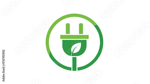 A green electric plug with a leaf inside a circle, symbolizing eco-friendly renewable energy