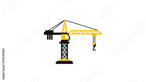 Flat illustration of a construction crane in yellow and black on a white background